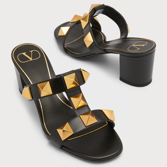 Valentino Rockstud Roman Stud Black City 60mm Slide Mule Sandal Block Heel 37.5 - Picture 7 of 16